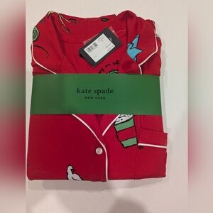 Kate Spade Vibrant Red Pajama Set Size Large Long Sleeve,Collar,Button Close